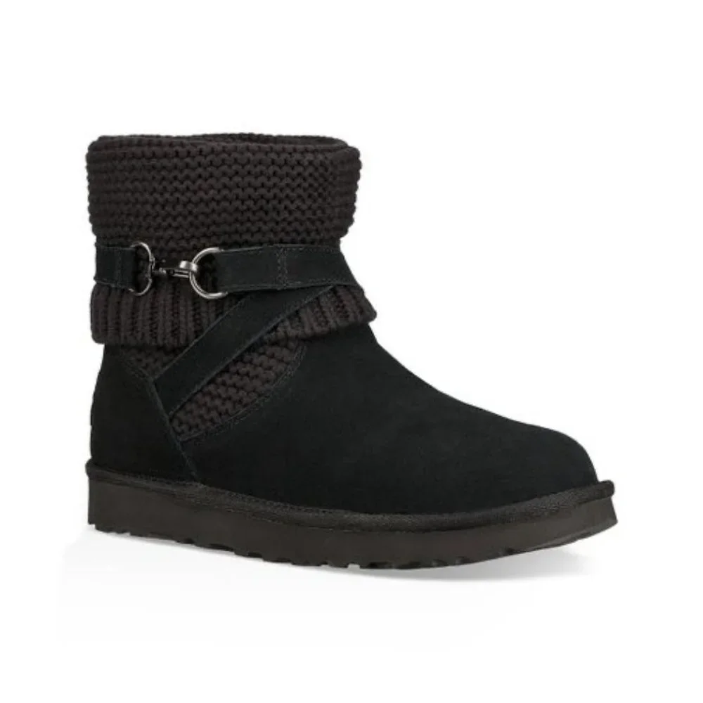 UGG Womens Purl Strap Boot 1098080 Black Suede Knit Cuff Wool Lined size 6